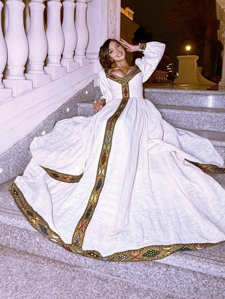 Puff Sleeve Habesha Dress with Embroidery Ethiopian Traditional Dress Stylish Habesha Kemis 708
