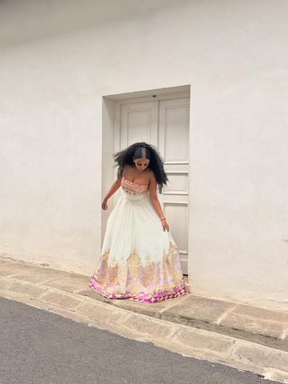 Charming Habesha Dress Strapless Pink Embroidery Habesha Kemis Ethiopian Traditional Wedding Dress 713