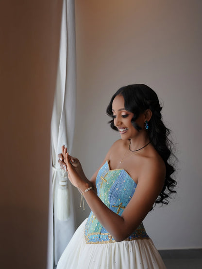 Traditional Ethiopian Wedding Dress Stylish Eritrean Dress Green and Blue Cultural Embroidery Habesha Kemis 764