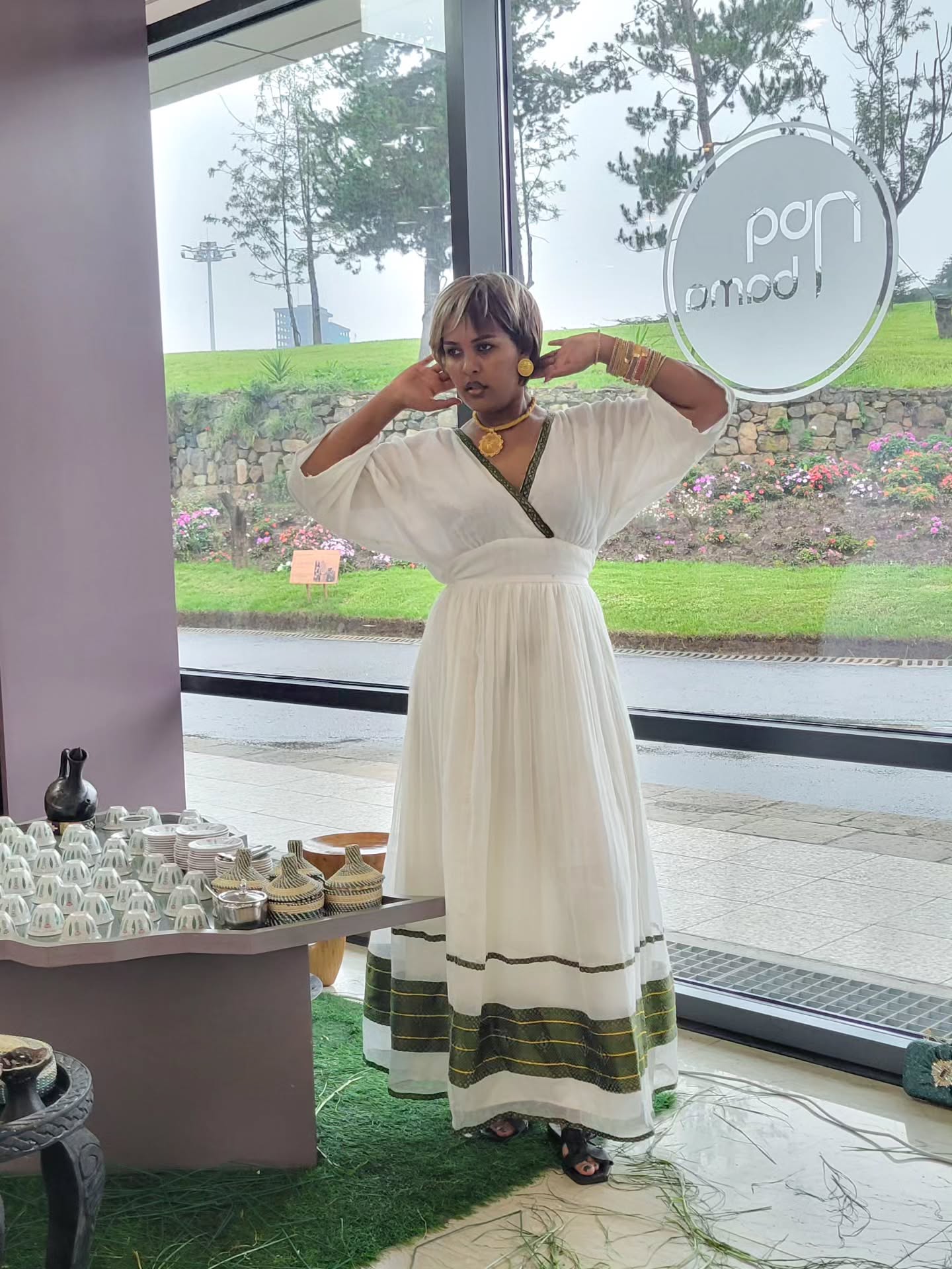 Royal Habesha Kemis White Cultural Dress with Green Tibeb Accents Festive Habesha Dress 230