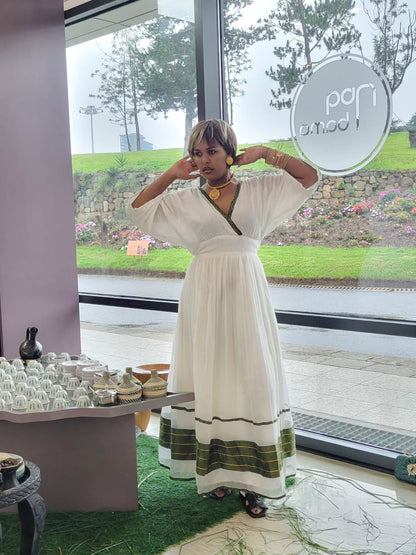 Royal Habesha Kemis White Cultural Dress with Green Tibeb Accents Festive Habesha Dress 230