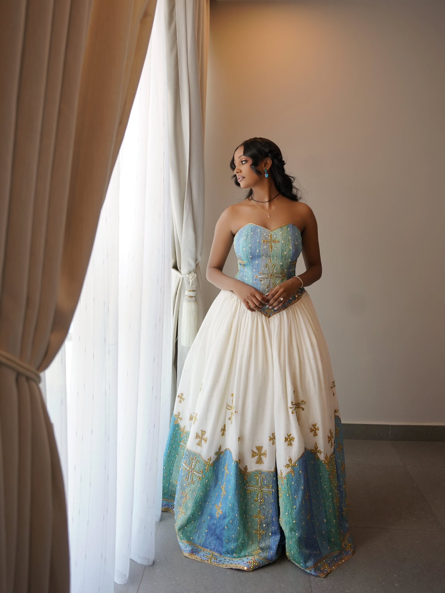 Traditional Ethiopian Wedding Dress Stylish Eritrean Dress Green and Blue Cultural Embroidery Habesha Kemis 764