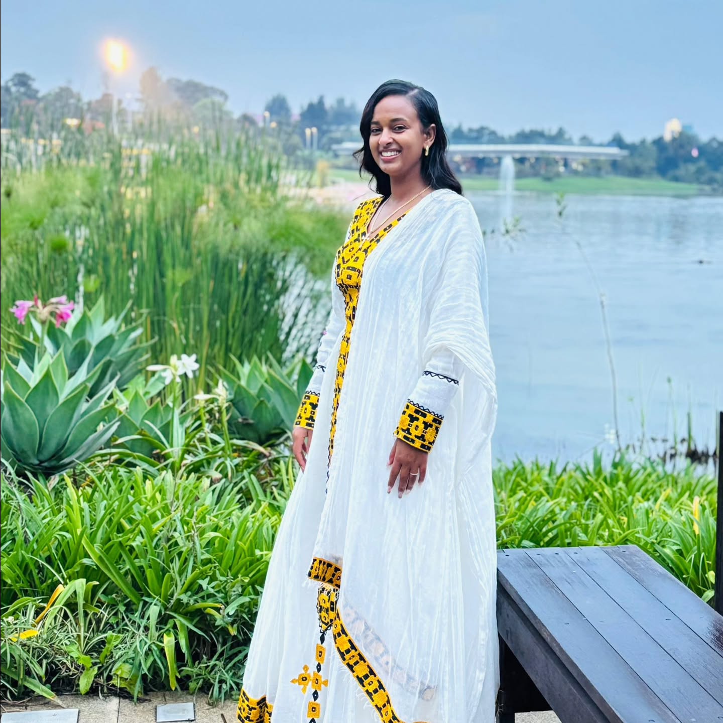 White And Yellow Traditional Ethiopian Dress Modern Embroidery Design Habesha Dress Handwoven Habesha Kemis 182