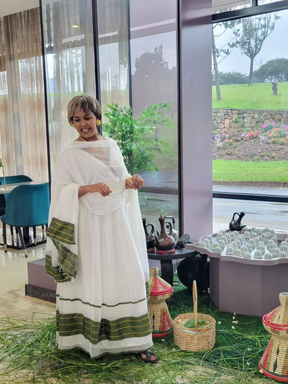 Royal Habesha Kemis White Cultural Dress with Green Tibeb Accents Festive Habesha Dress 230