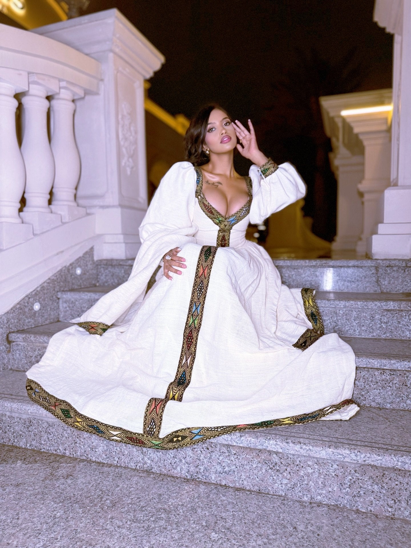 Puff Sleeve Habesha Dress with Embroidery Ethiopian Traditional Dress Stylish Habesha Kemis 708