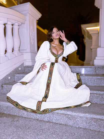 Puff Sleeve Habesha Dress with Embroidery Ethiopian Traditional Dress Stylish Habesha Kemis 708