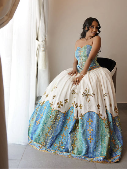 Traditional Ethiopian Wedding Dress Stylish Eritrean Dress Green and Blue Cultural Embroidery Habesha Kemis 764