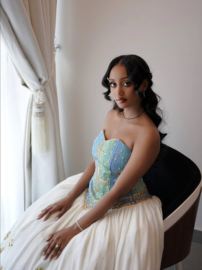 Traditional Ethiopian Wedding Dress Stylish Eritrean Dress Green and Blue Cultural Embroidery Habesha Kemis 764