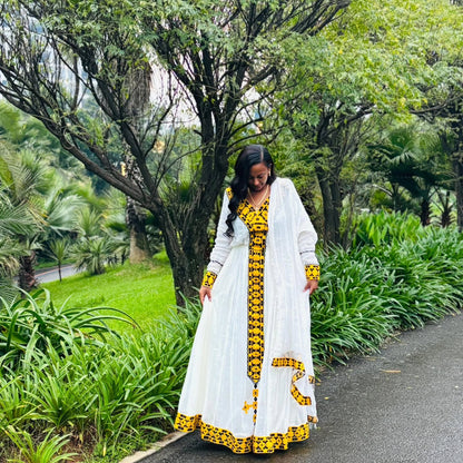 White And Yellow Traditional Ethiopian Dress Modern Embroidery Design Habesha Dress Handwoven Habesha Kemis 182