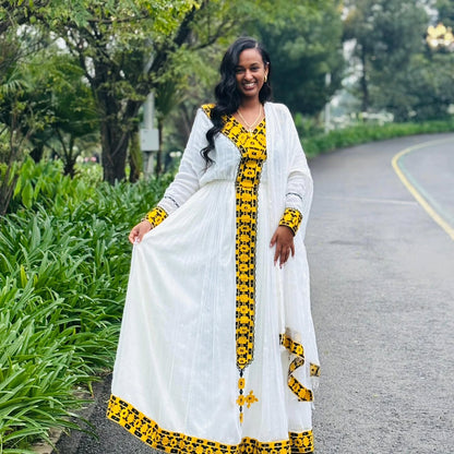 White And Yellow Traditional Ethiopian Dress Modern Embroidery Design Habesha Dress Handwoven Habesha Kemis 182