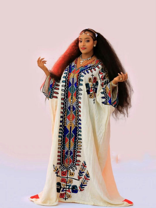 Traditional Ethiopian Habesha Kemis with Multicolor Tibeb | Gurage-Inspired Dress