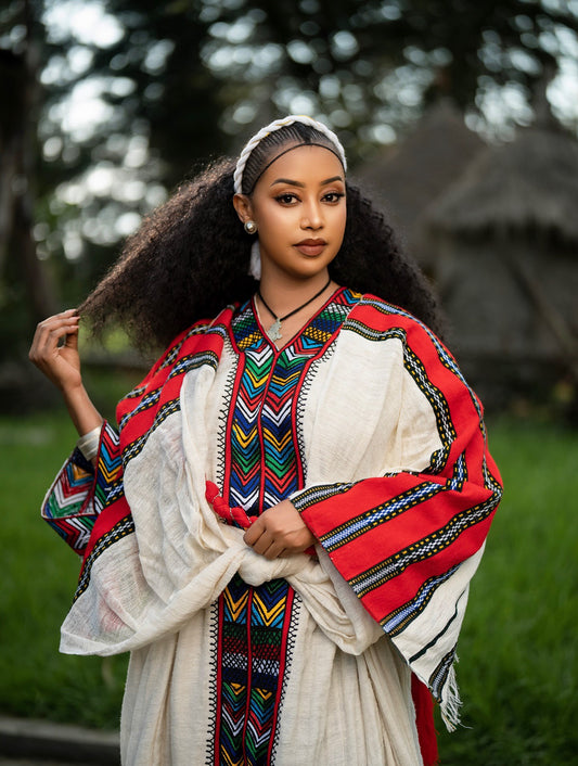 Elegant Habesha Kemis – Traditional Ethiopian Dress with Red Tibeb Detail
