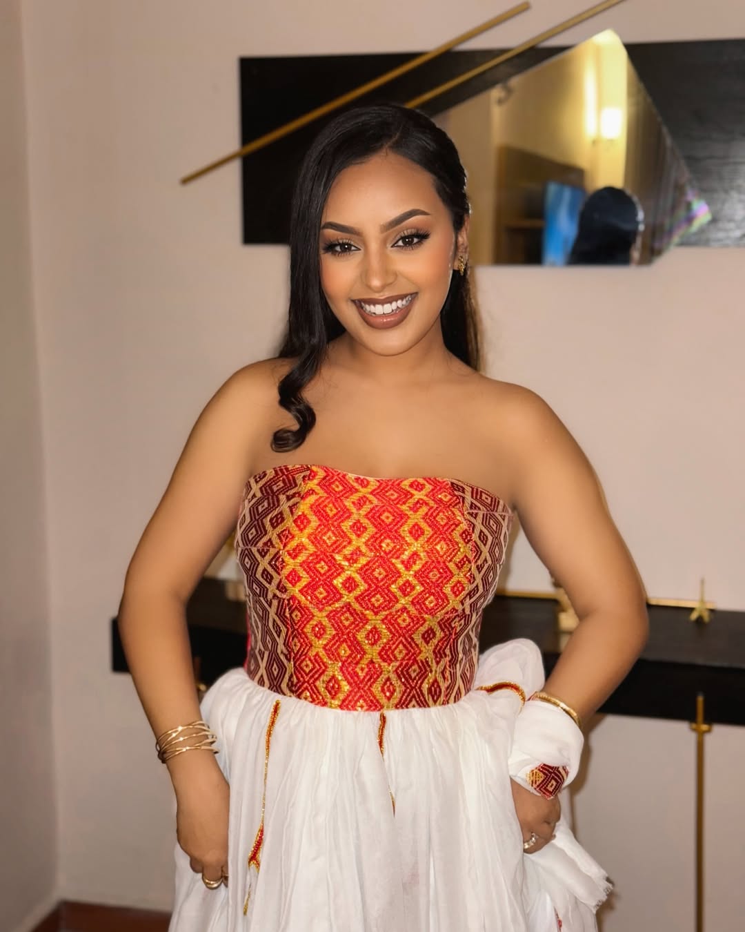 Modern Ethiopian Habesha Dress Red And Gold Bodice Embroidery Habesha Kemis Strapless Ethiopian Dress With Cultural Depth 0079