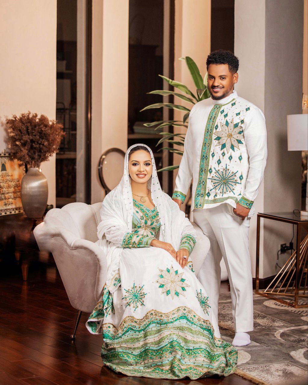 Elegant Ethiopian Matching Couple Outfit – Green & Gold Embroidery