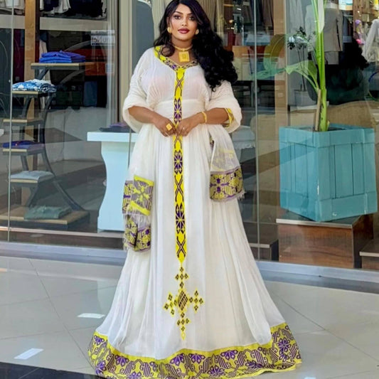 Yellow & Purple Tibeb Habesha Kemis – Traditional Ethiopian Dress