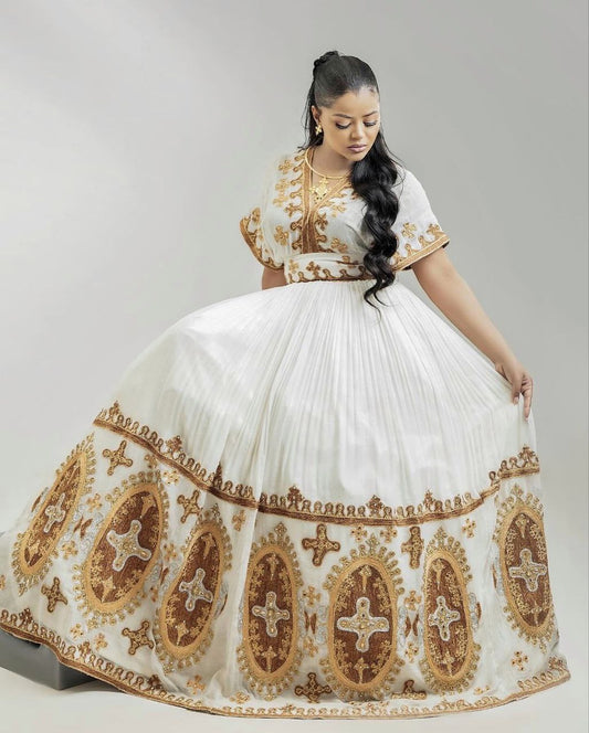Gold Embroidered Ethiopian Traditional Dress – Elegant Habesha Kemis