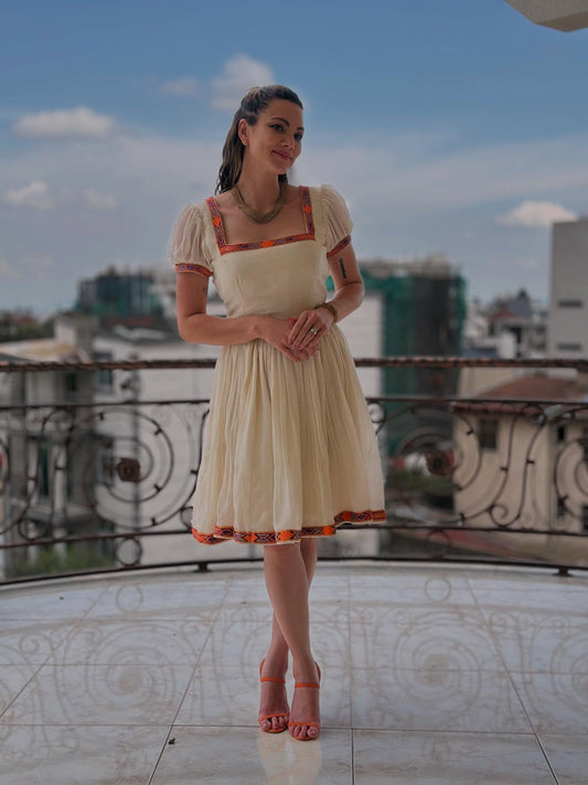 Traditional Ethiopian Dress – Cream with Orange Handwoven Trim | Cultural Elegance