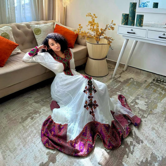 Handwoven Ethiopian Habesha Kemis – Burgundy & Purple Traditional Dress