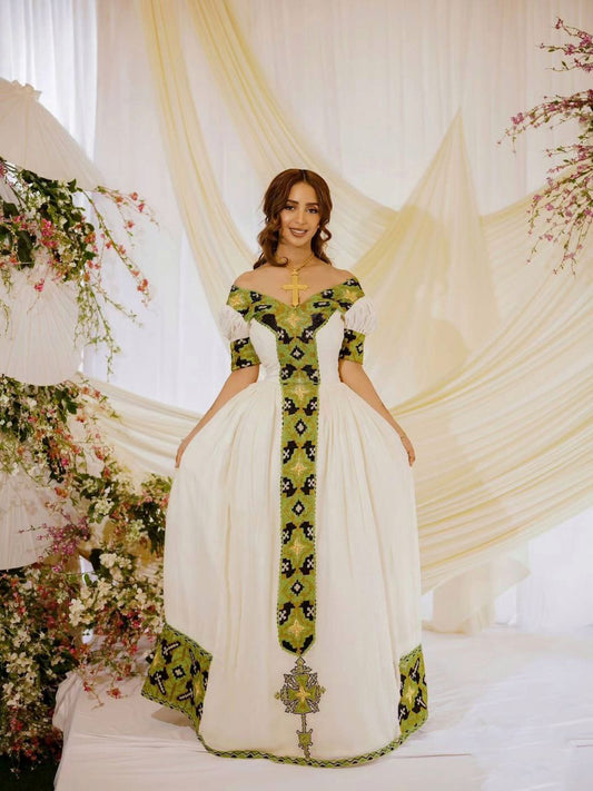 Traditional Ethiopian Habesha Kemis – Green & Black Tibeb with Cross Design
