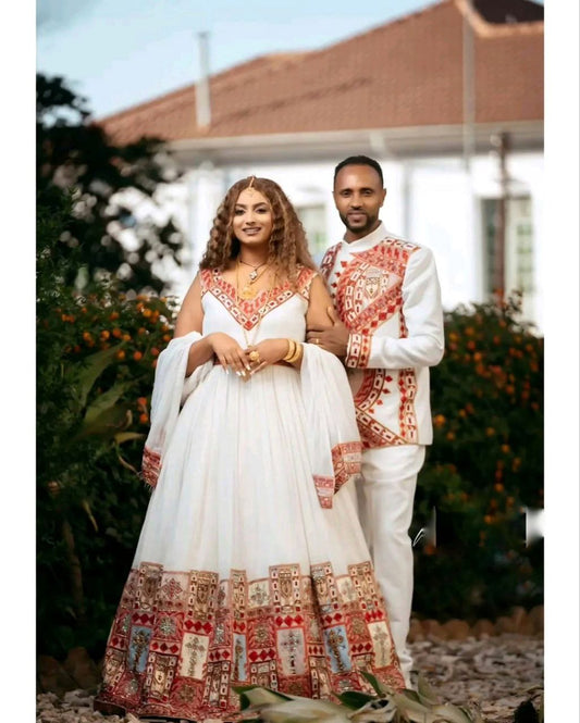 Matching Ethiopian Wedding Outfits – Traditional Habesha Kemis & Men’s Suit