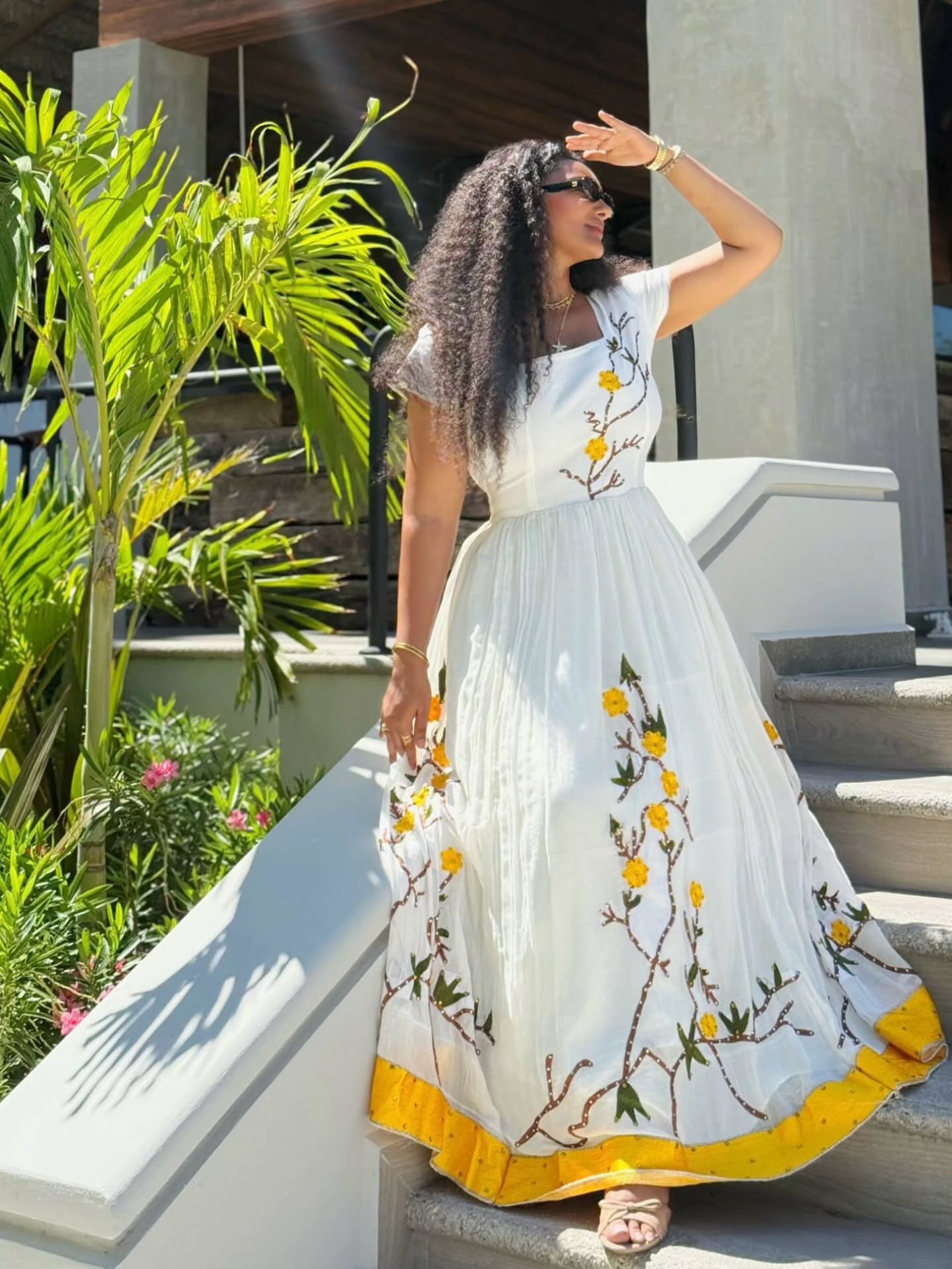 Yellow Floral Habesha Kemis – Ethiopian Traditional Dress with Nature-Inspired Embroidery