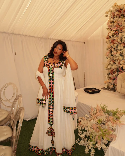 Colorful Habesha Kemis - Traditional Ethiopian Dress with Cross & Tibeb Design