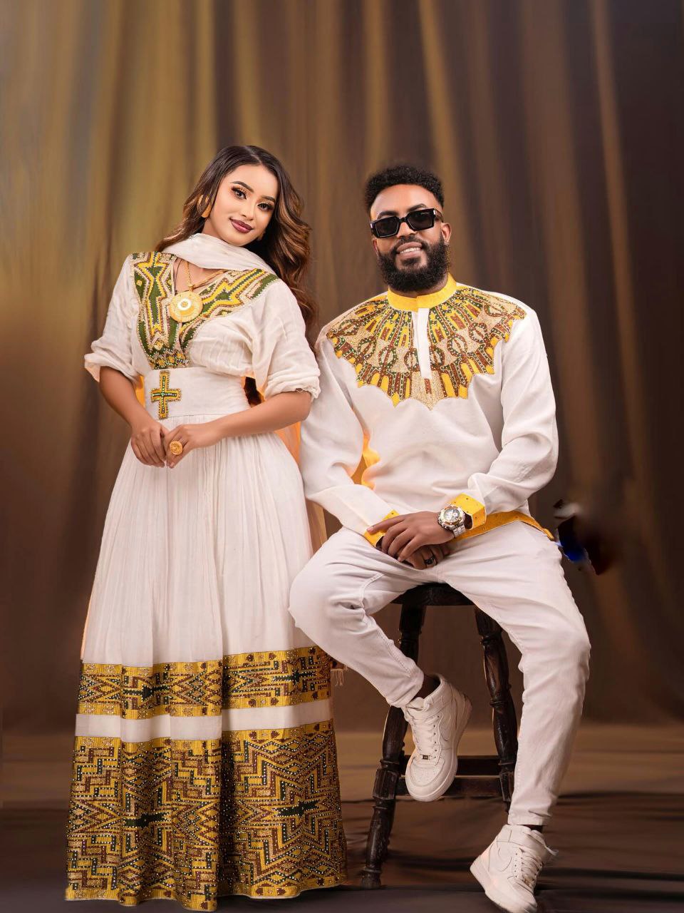 Ethiopian Couple Outfit Habesha Kemis & Matching Men’s Shirt Gold And Green Tibeb Matching Set 107
