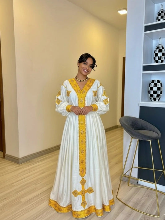 Habesha Traditional Dress | Ethiopian & Eritrean Cultural Dress in White and Gold