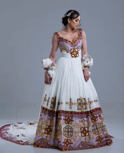 Traditional Ethiopian Wedding Dress – Modern Striped Top with Elegant White Skirt