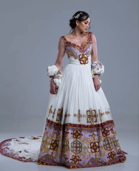 Traditional Ethiopian Wedding Dress – Modern Striped Top with Elegant White Skirt