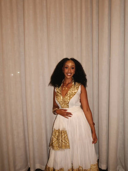 Sleeveless Habesha Dress Gold-Embroidered Ethiopian Traditional Clothing Graceful Habesha Dress 124