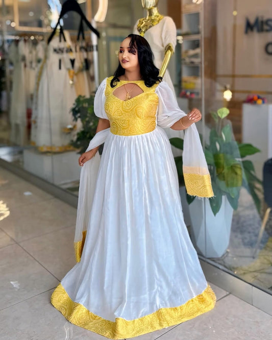 Yellow & White Habesha Dress – Traditional Ethiopian & Eritrean Clothing