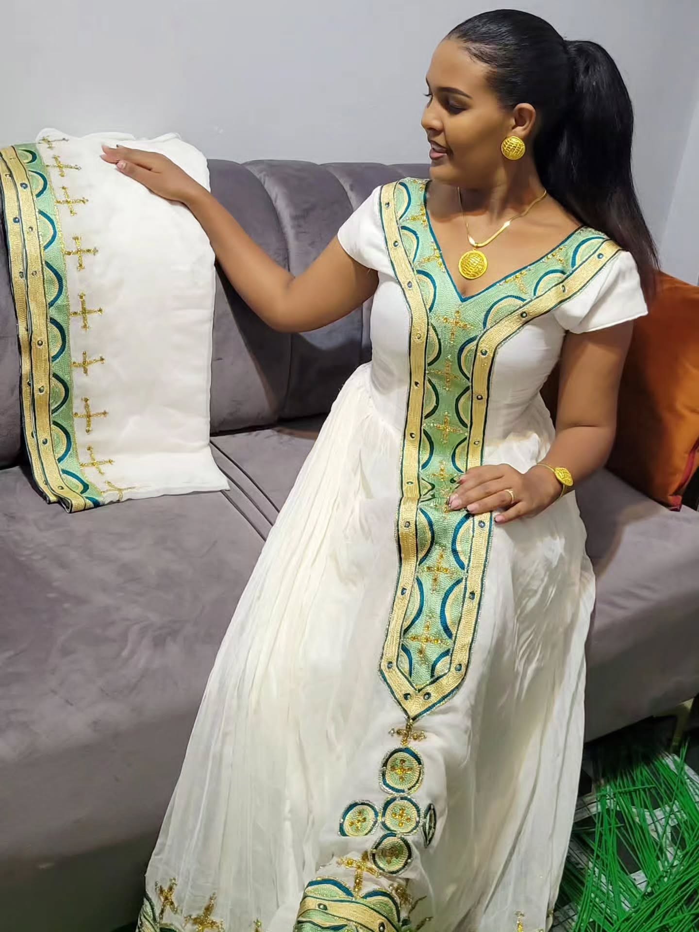 Green & Gold Habesha Dress Traditional Ethiopian & Eritrean Clothing Graceful Habesha Kemis 129