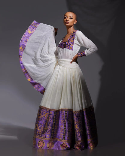 Royal Traditional Habesha Dress Elegant Ethiopian & Eritrean Clothing Deep Purple Habesha Kemis 132