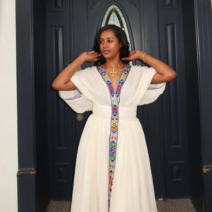 White Habesha Kemis Colorful Tilet Ethiopian & Eritrean Dress Handwoven Habesha Dress 134