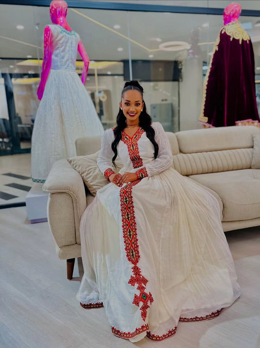 Red Embroidered Habesha Kemis – Ethiopian Traditional & Eritrean Dress