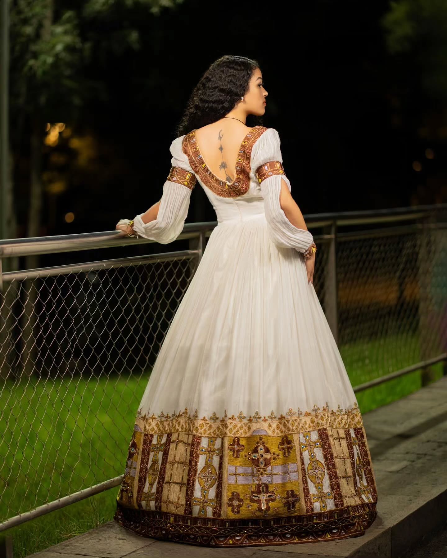 Cross-Embroidered Traditional Ethiopian Wedding Dress  Gold & Brown Habesha Dress Handwoven Habesha Kemis 139