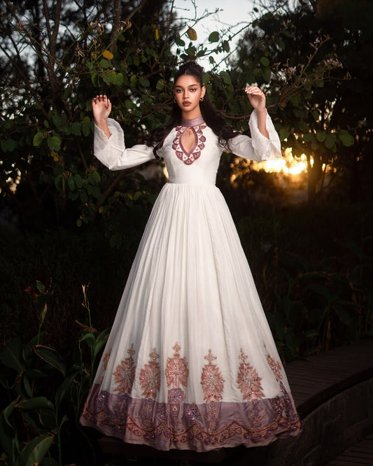 Lilac Embroidered Traditional Ethiopian Wedding Dress – Modern Habesha Kemis
