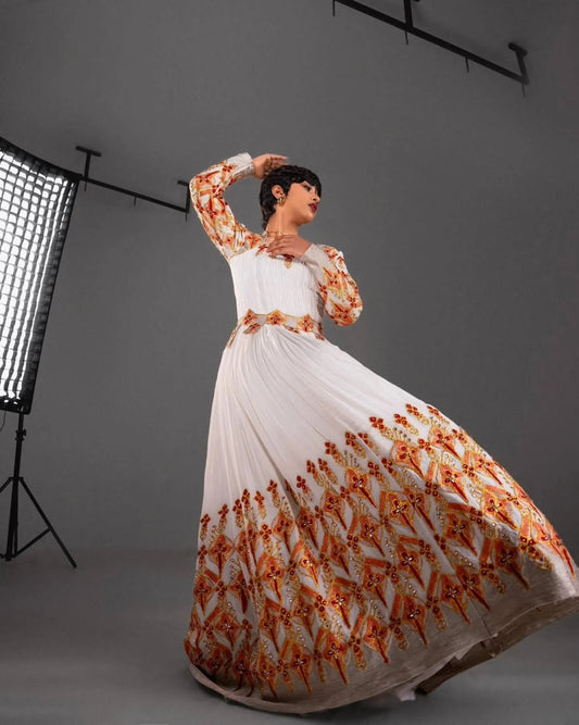 Vibrant Orange & Gold Traditional Ethiopian Wedding Dress – Habesha Style Elegance
