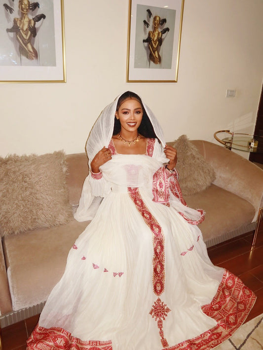 Traditional Ethiopian Dress – White & Red Habesha Cloth for Cultural Celebrations