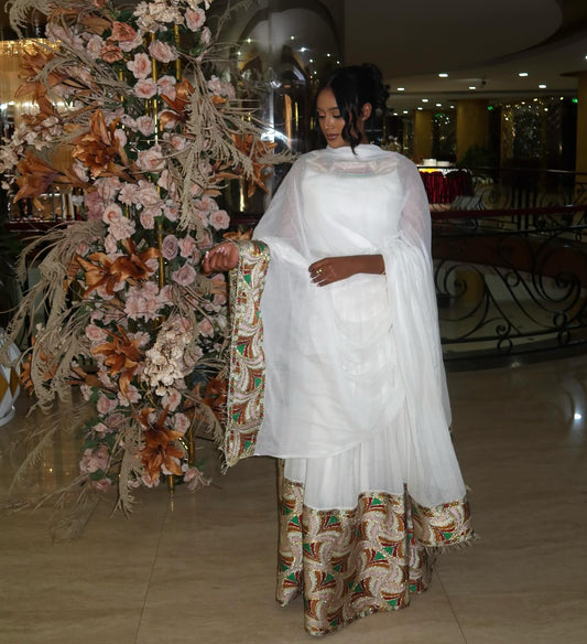 Backless Habesha Dress with Gold Embroidered Hem Ethiopian Style