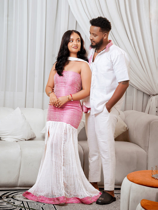 Modern Pink & White Ethiopian Couple Outfit Matching Wear for Couples