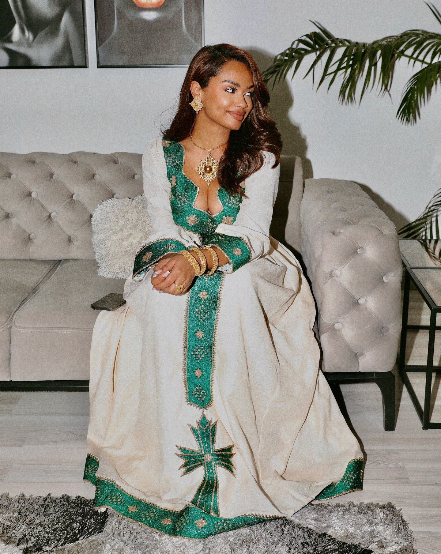 Green & Gold Ethiopian Traditional Dress Habesha Cultural Wear