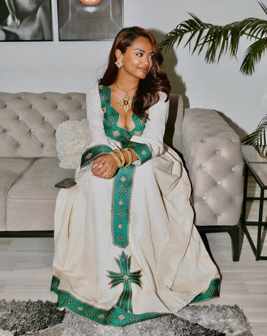 Green & Gold Ethiopian Traditional Dress Habesha Cultural Wear