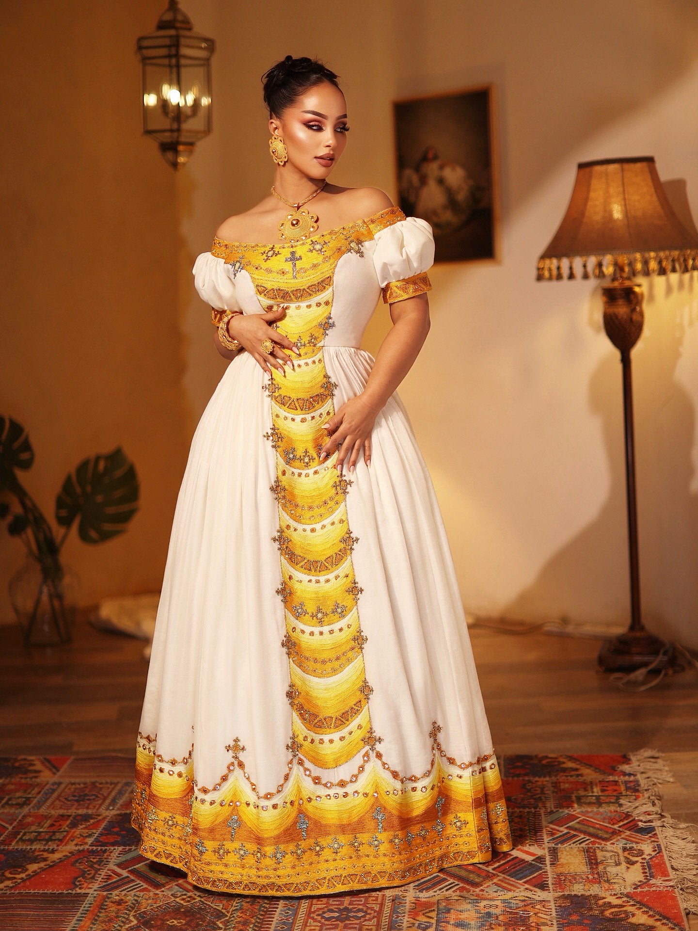 Off-Shoulder Ethiopian Dress with Yellow Embroidery Habesha Kemis
