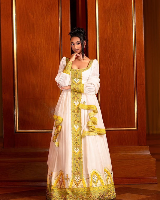 Modern Habesha Traditional Dress with Gold Embroidery