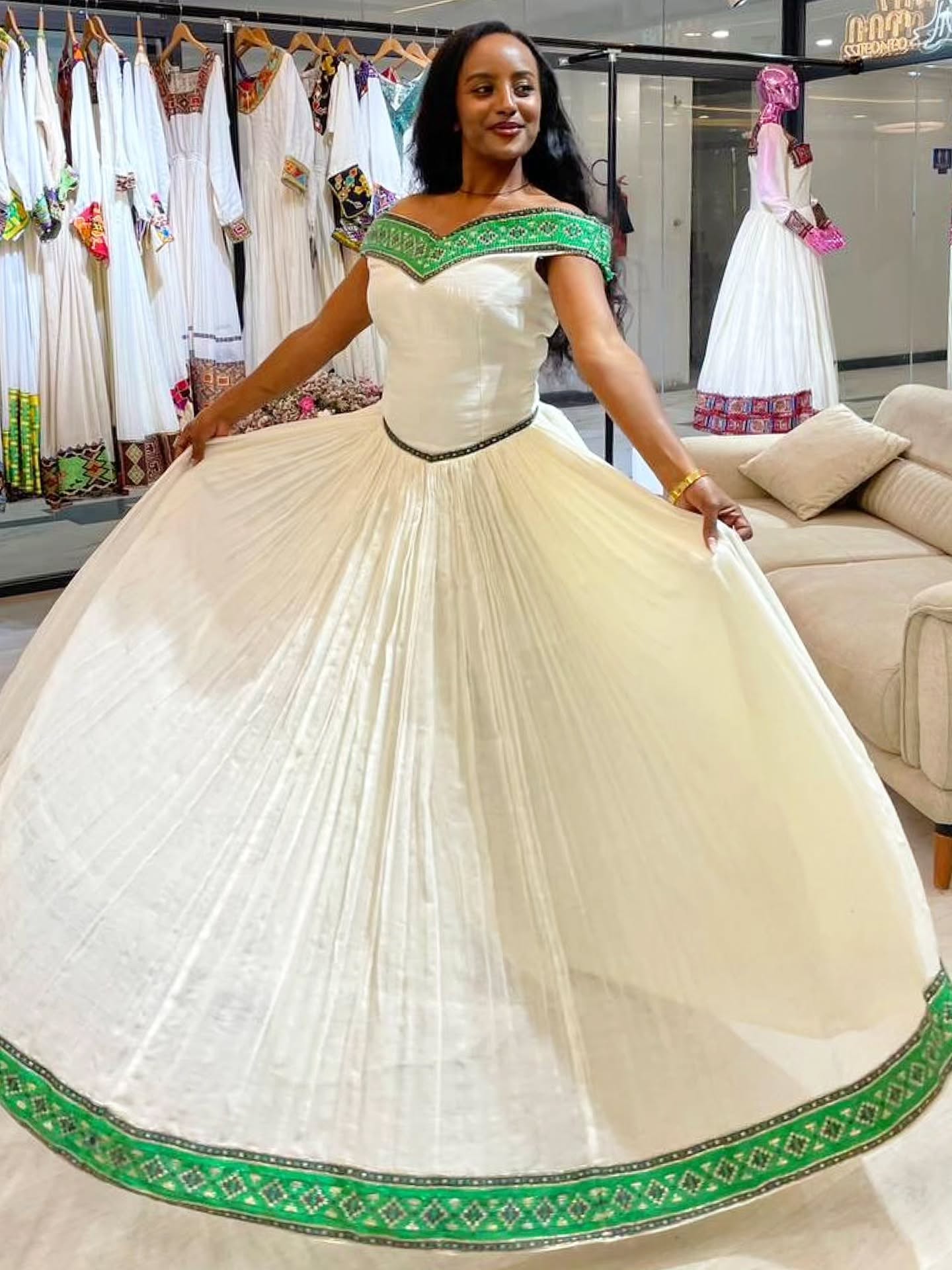 Green embroidery Habesha Kemis For event