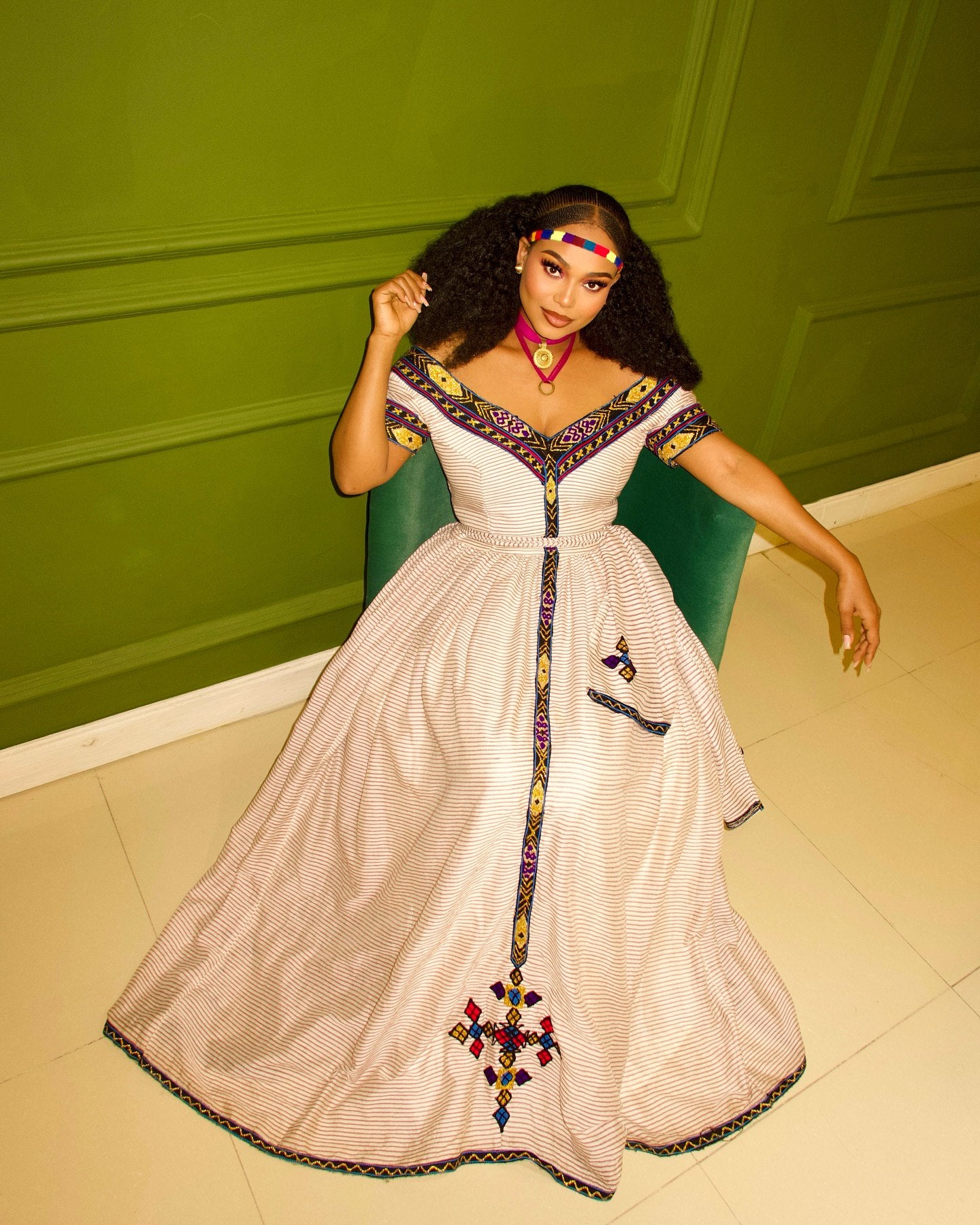 Elegant Ethiopian Traditional Dress with Colorful Embroidery
