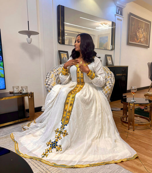 White Ethiopian Traditional Dress with Yellow & Blue Cross Embroidery