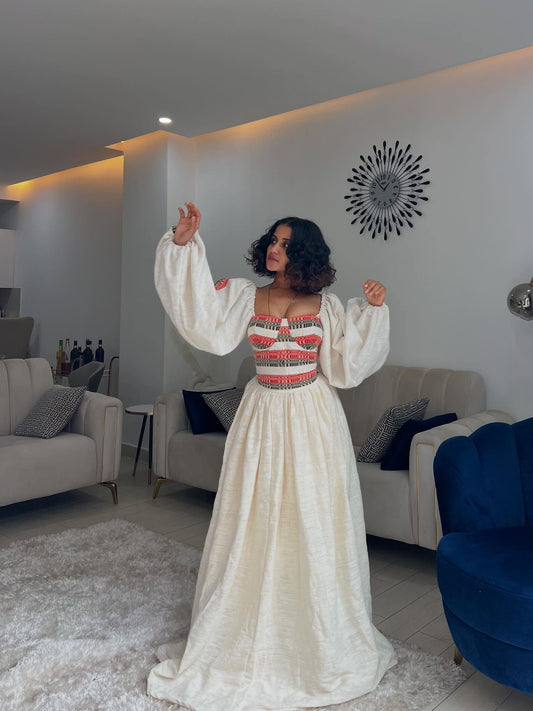 Elegant Ethiopian Traditional Dress with Red Embroidery